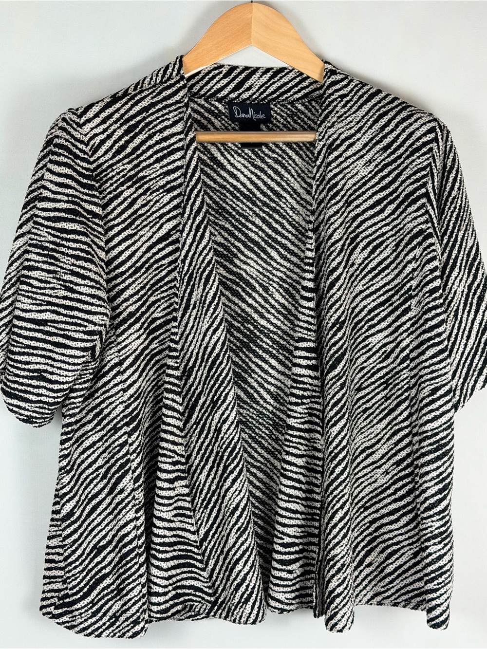 Open Front Cardigan Black White Short Sleeve Lightweight Layering S Dana Nicole